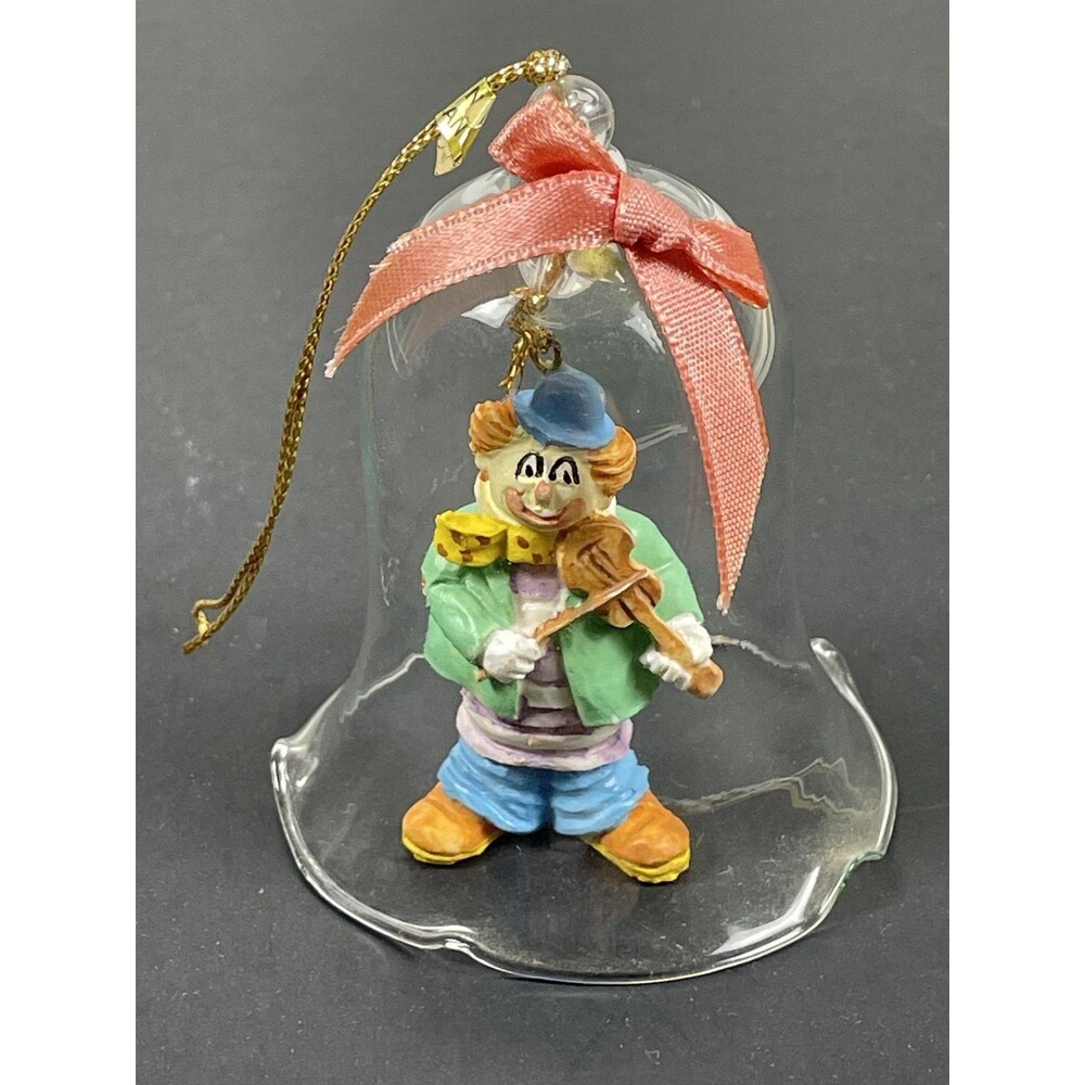 Vintage Glass Bell with Clown Playing Violin Figurine Ornament Decorative